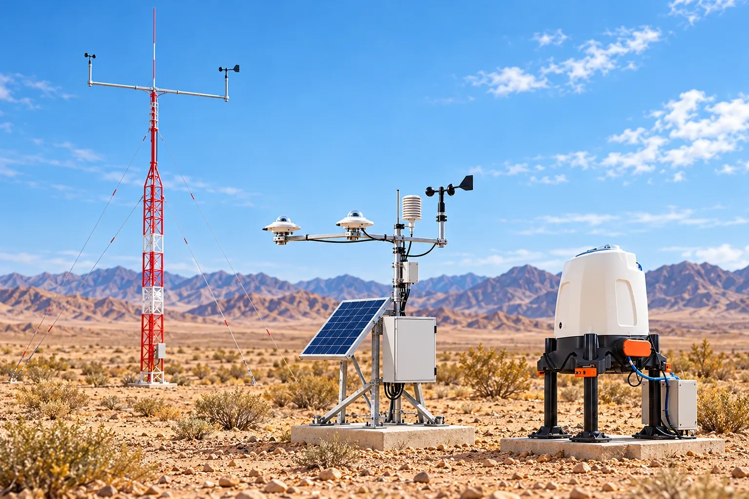 Combined illustration of wind met mast, solar radiation measurement station and ground-mounted LiDAR